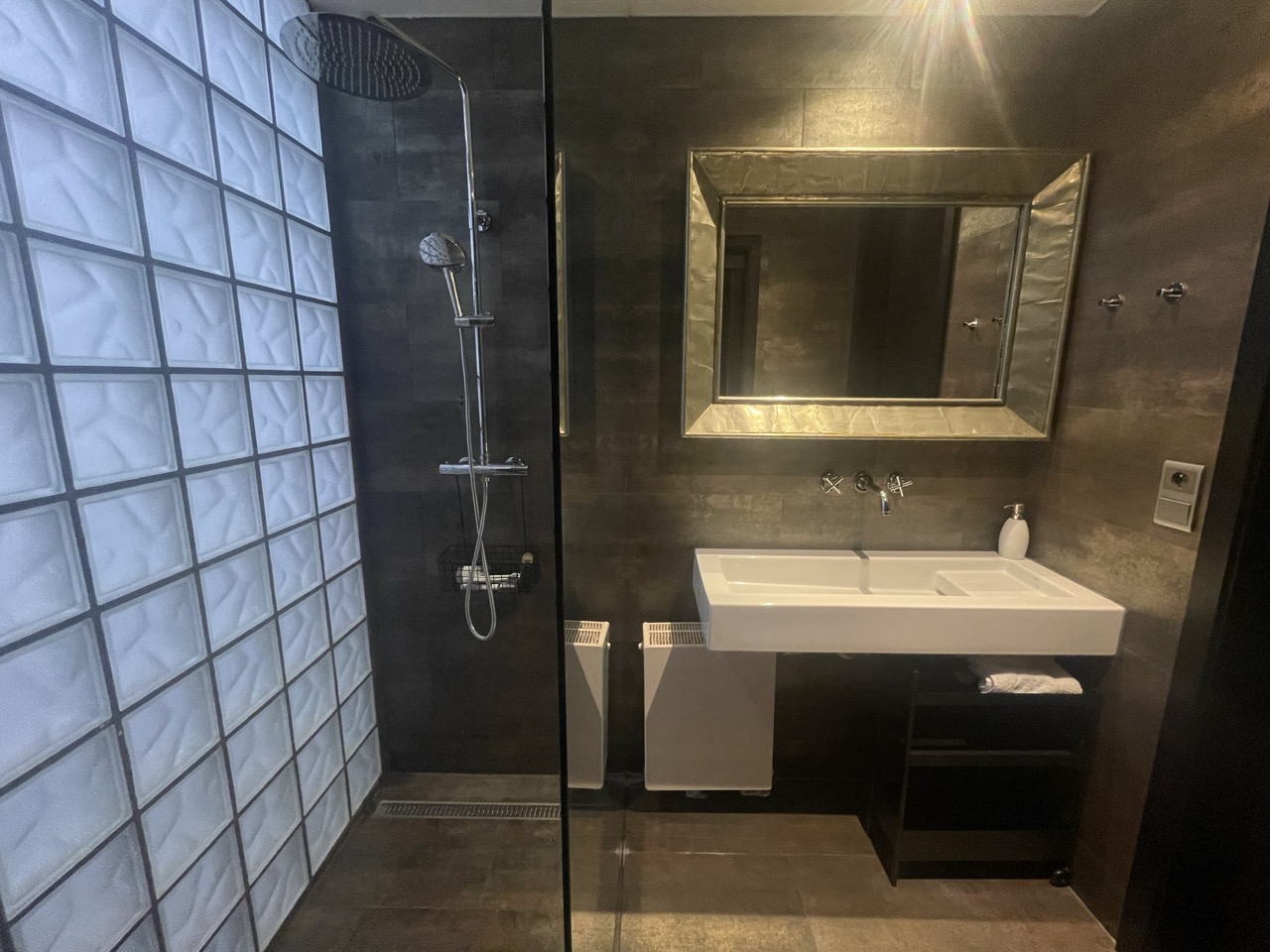 Entrance to the shower room at Polska Penthouse — glass-block wall and polished concrete, mid level of the Great Room, Vinohrady